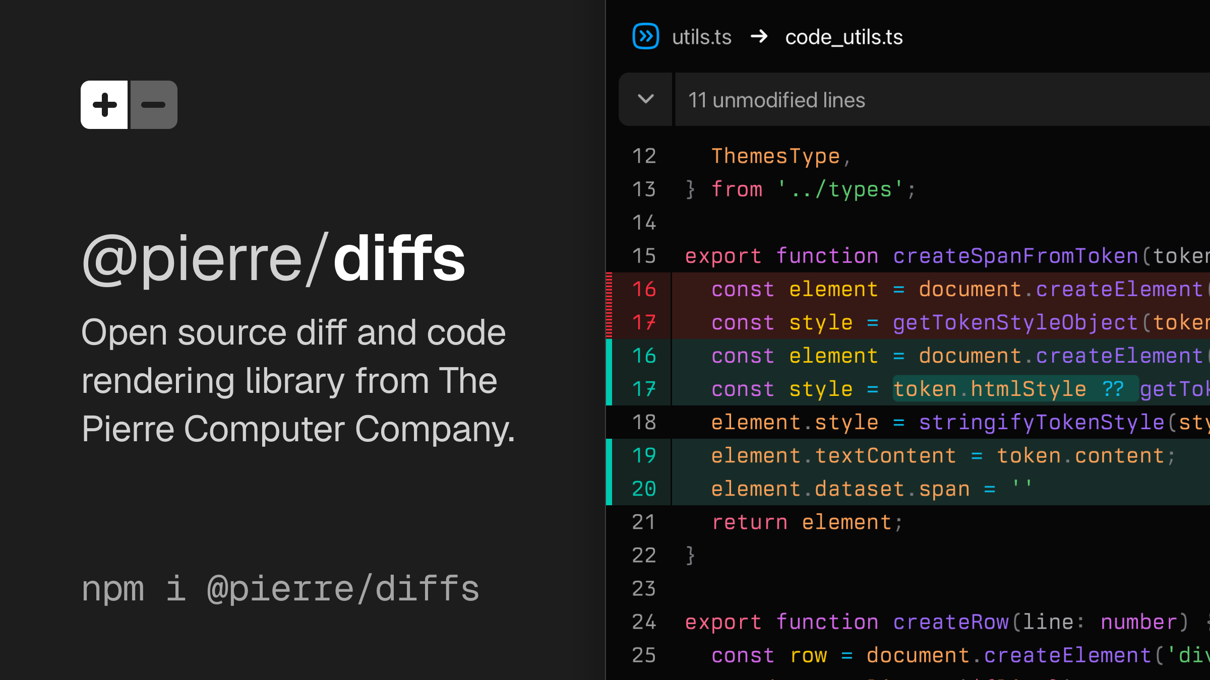 Diffs, from Pierre — @pierre/diffs is an open source diff and code rendering library. It's built on Shiki for syntax highlighting and theming, is super customizable, and comes packed with features.